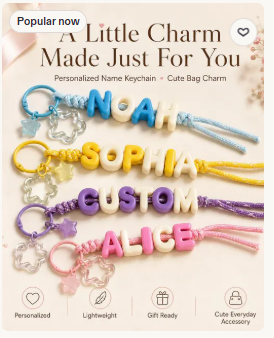 Beaded personalised name keychains with a feature-icon strip in the thumbnail